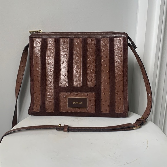 Brahmin croc crossbody shoulder brown bag purse leather suede striped‎ classic